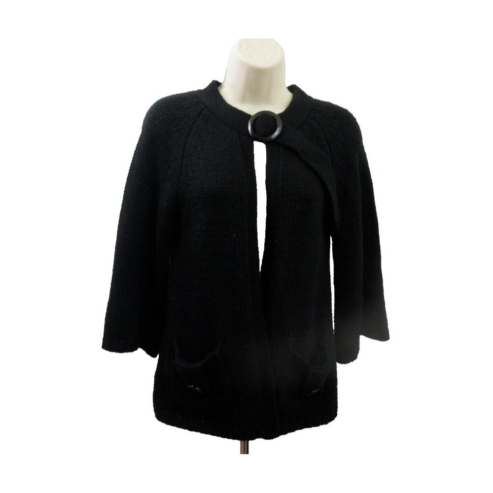 WD NY Cardigan Sweater Sz Small Open Front Black Wool Blend Knit 3/4 Bell Sleeve